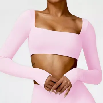 Women's Quick-Dry Long Sleeve Crop Top - Square Neck Sportswear for Gym & Yoga