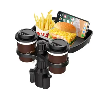 Dual Cup Holder Expander Adjustable 360° Rotating Car Drink & Snack Tray