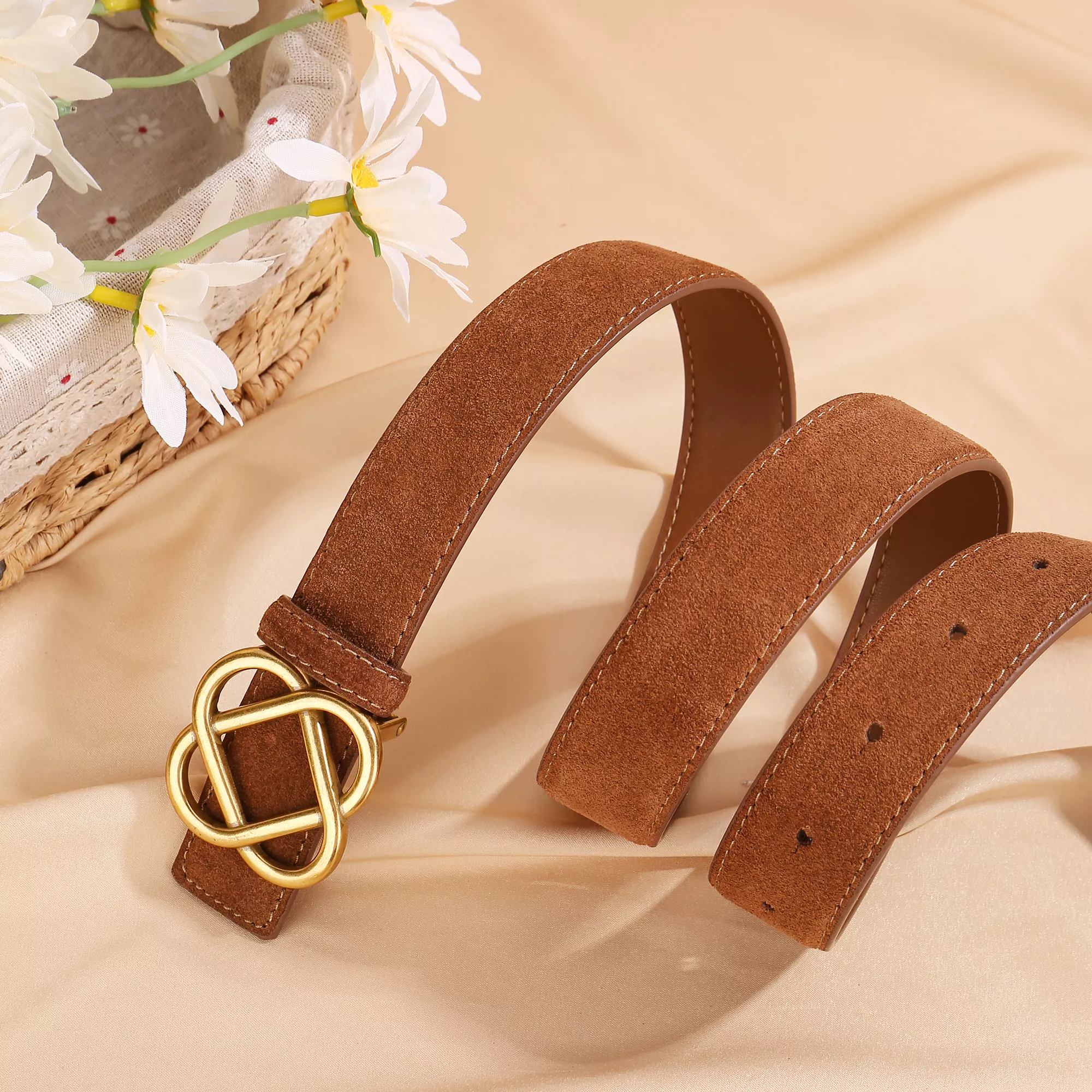 Luxury Red Cowhide Suede Belt with Chinese Knot Square Buckle for Women - Image 5