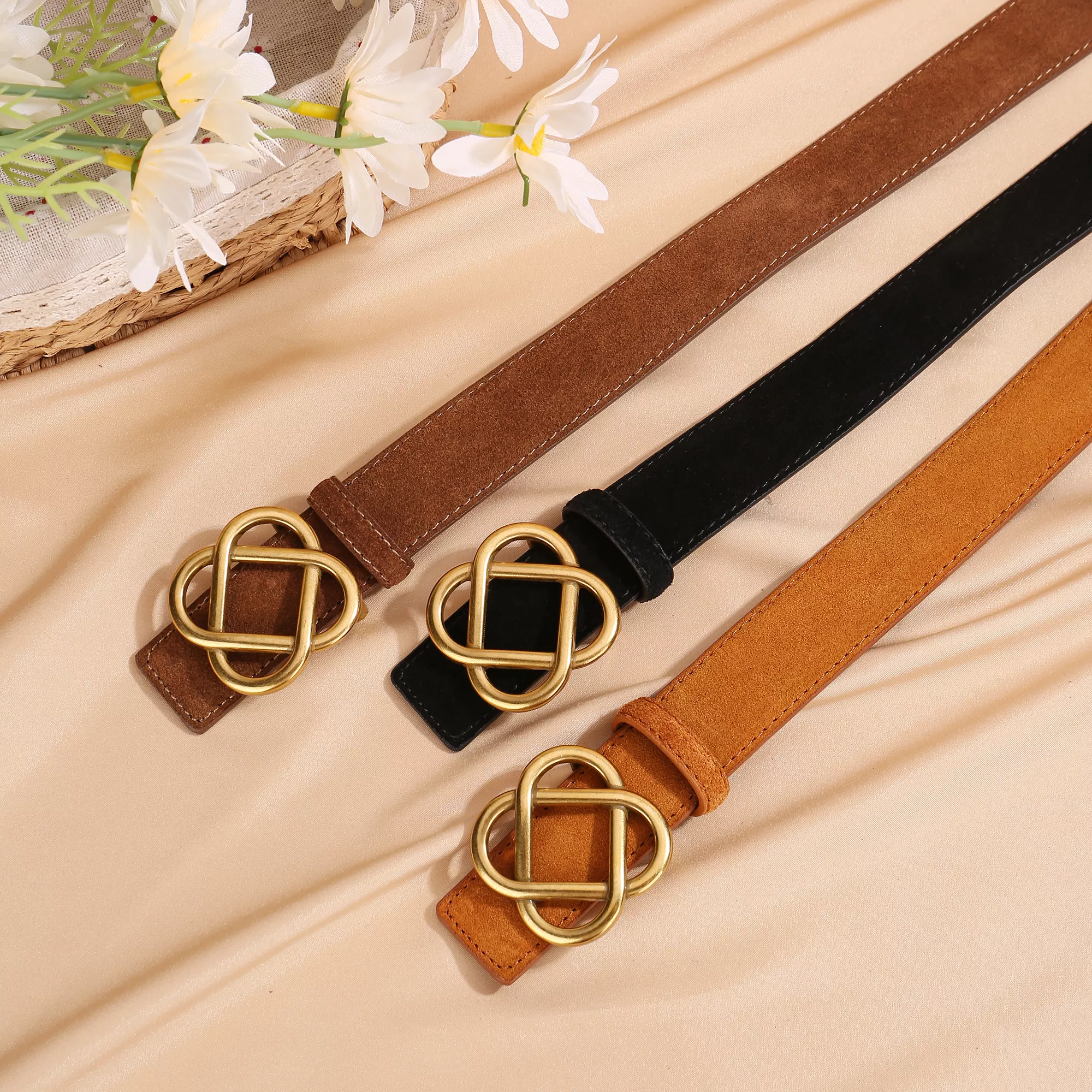 Luxury Red Cowhide Suede Belt with Chinese Knot Square Buckle for Women - Image 2