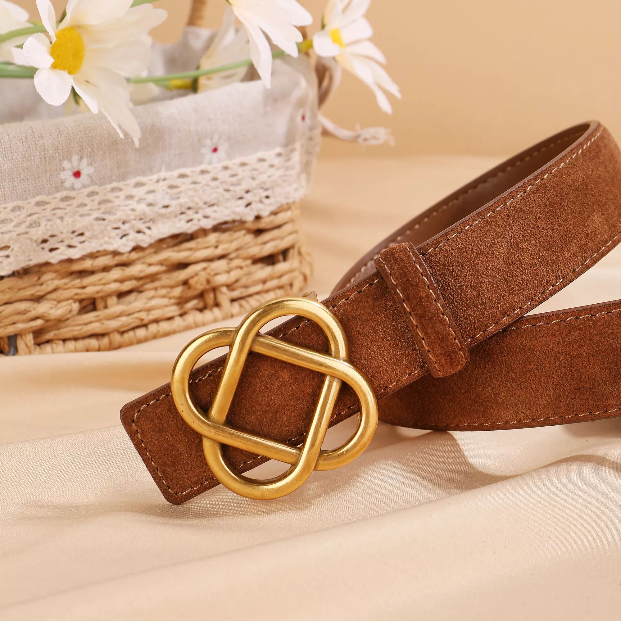 Luxury Red Cowhide Suede Belt with Chinese Knot Square Buckle for Women - Image 6