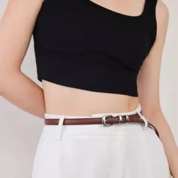 Skinny Leather Belt for Women with Silver Buckle – Fashionable Thin Waistband for Dresses & Jeans