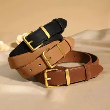 Vintage Black Suede Leather Belt with Gold Square Buckle for Women