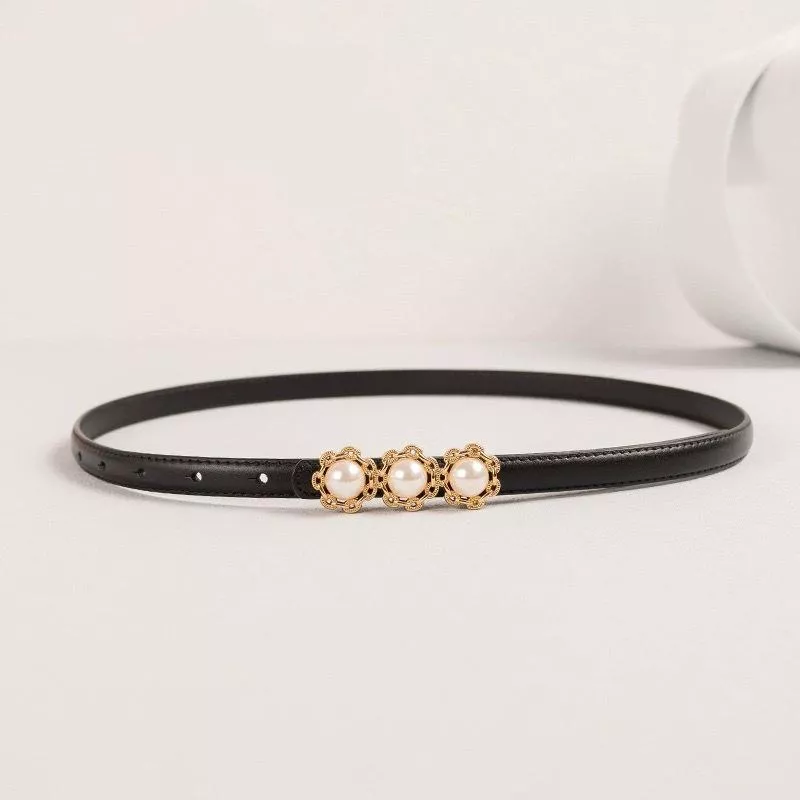 Elegant Pearl Women's Thin Genuine Leather Belt – Stylish Waistband for Dresses & Jeans