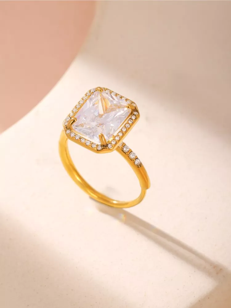 Shiny Square Zircon Ring for Women - 18k Gold Plated Adjustable Stainless Steel Ring - Image 2