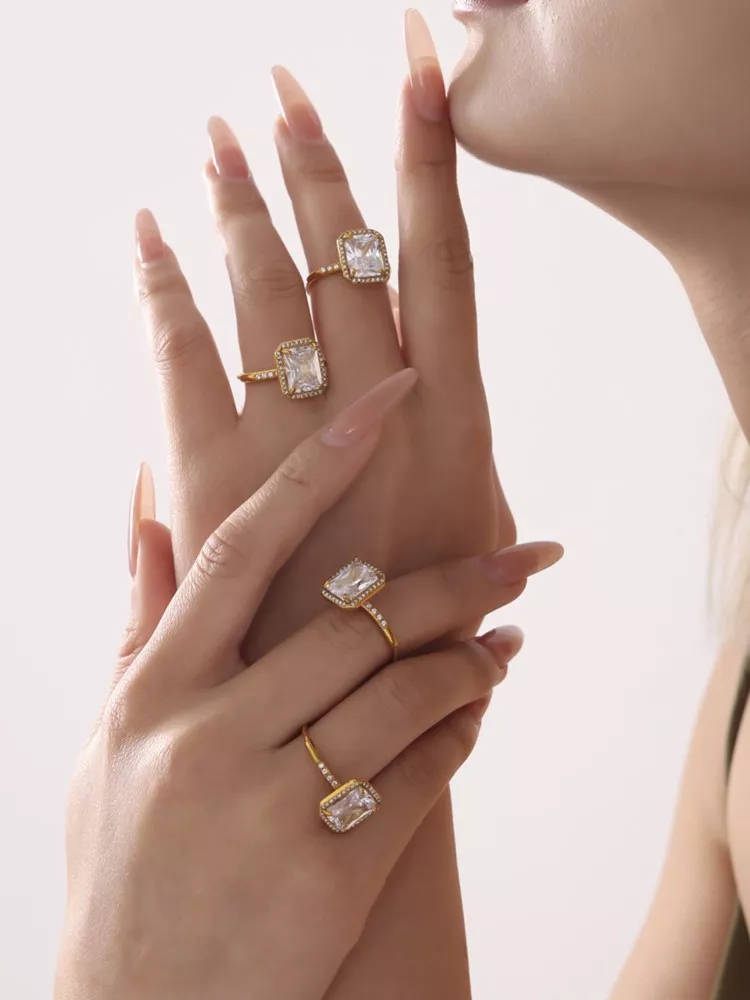 Shiny Square Zircon Ring for Women - 18k Gold Plated Adjustable Stainless Steel Ring - Image 5