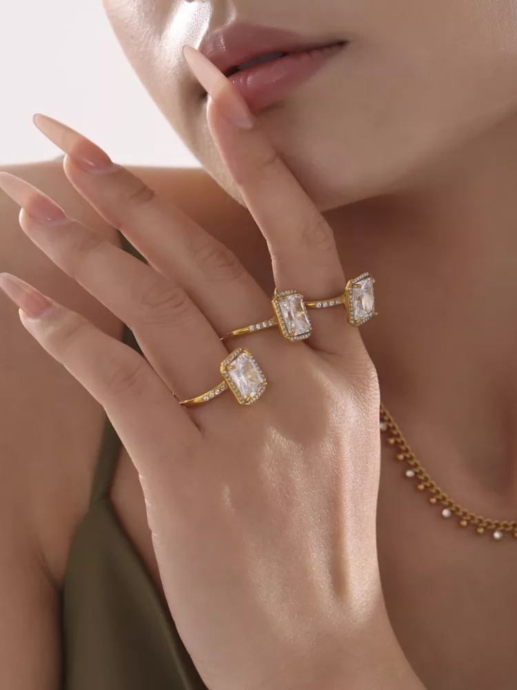 Shiny Square Zircon Ring for Women - 18k Gold Plated Adjustable Stainless Steel Ring - Image 4