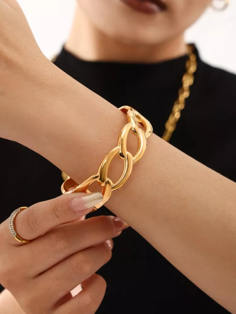 18K Gold Plated Stainless Steel Link Chain Cuff Bracelet - Image 3