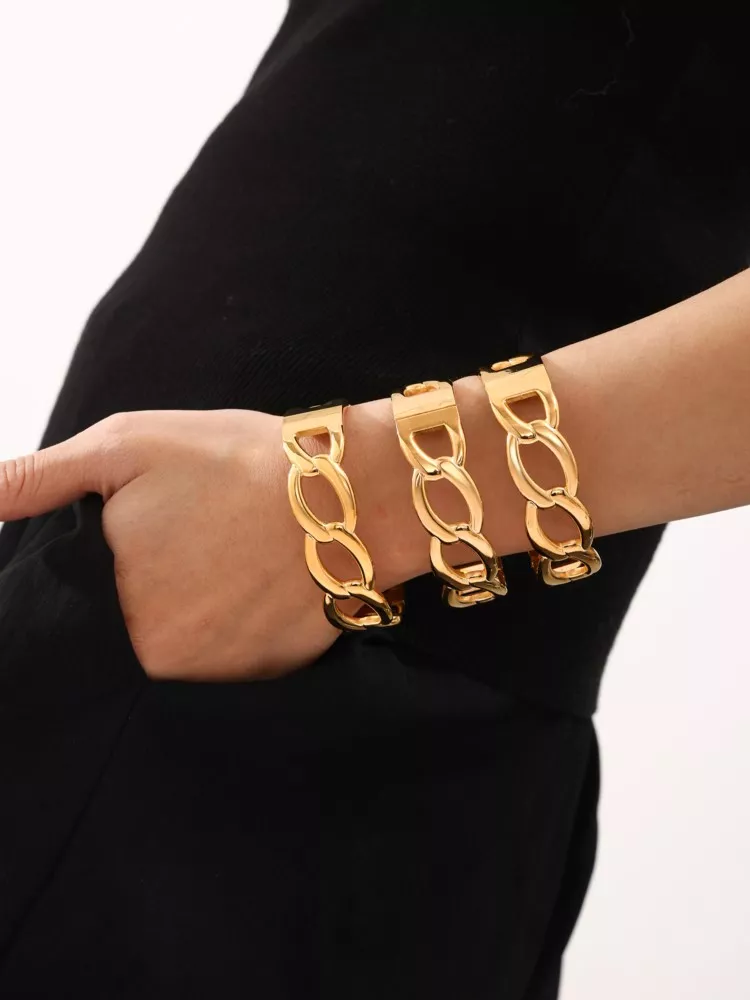 18K Gold Plated Stainless Steel Link Chain Cuff Bracelet - Image 2