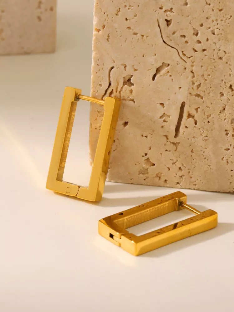 18K Gold Plated Stainless Steel Rectangle Hoop Earrings - Image 2