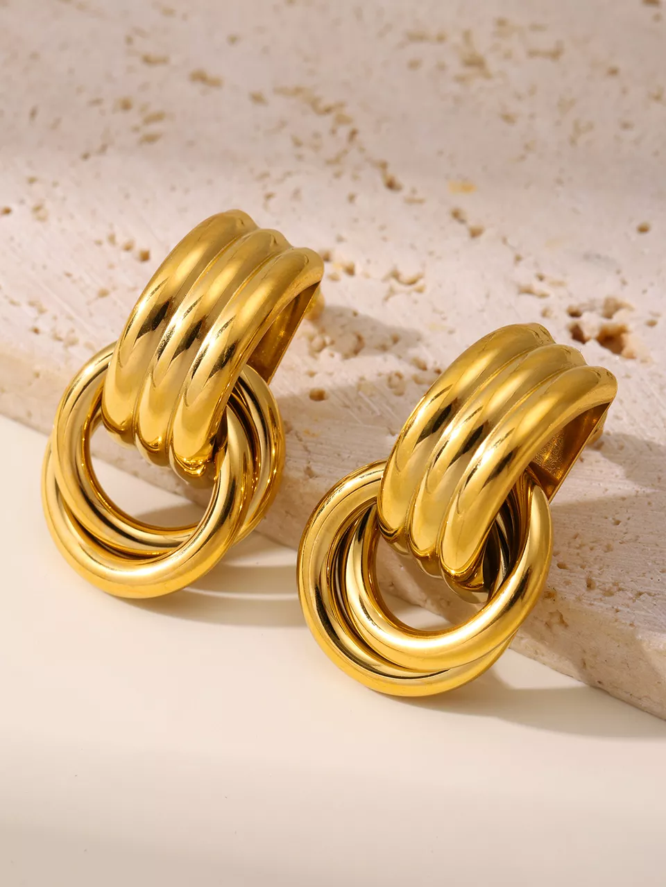 18K Gold Plated Stainless Steel Two Circles Dangle Earrings - Image 3