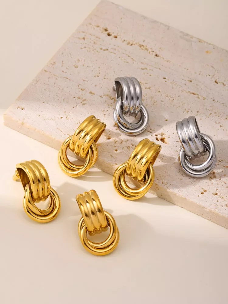 18K Gold Plated Stainless Steel Two Circles Dangle Earrings - Image 5