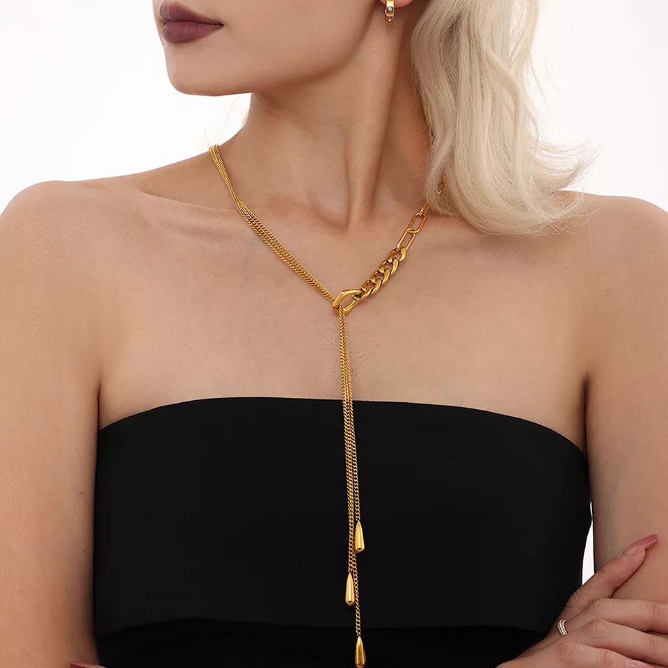 18k Gold Plated Stainless Steel Opera Tassel Necklace for Women - Multi Chain Long Sweater Chain - Image 3