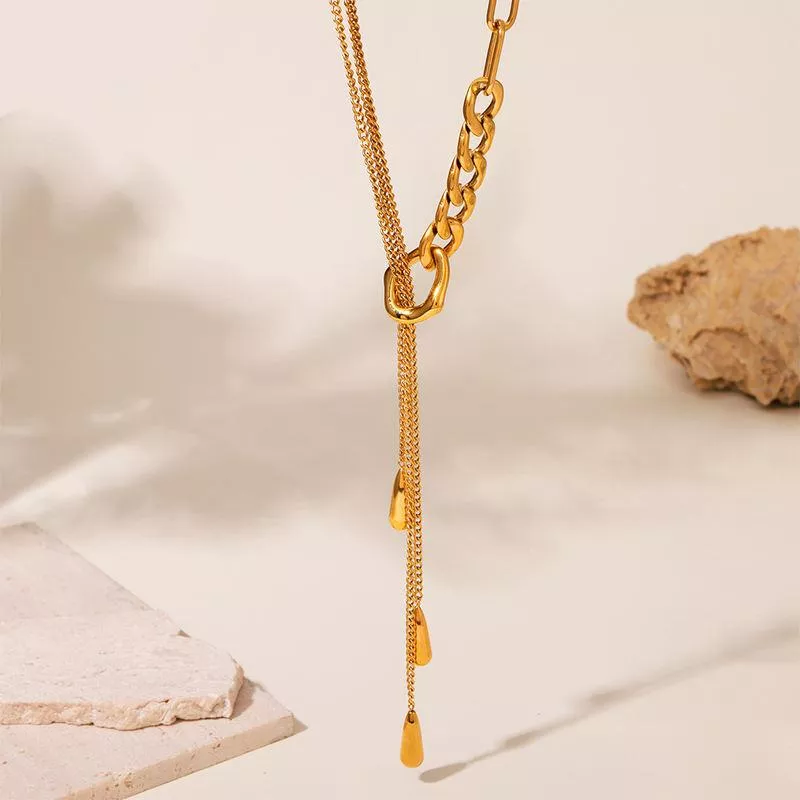 18k Gold Plated Stainless Steel Opera Tassel Necklace for Women - Multi Chain Long Sweater Chain