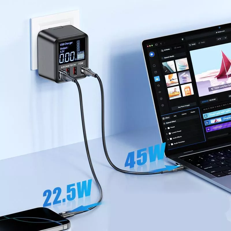 72W 4-Port USB C Fast Charger with LED Display