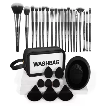 30PCS Makeup Brush & Powder Puff Set with Cleaning Mat for Travel