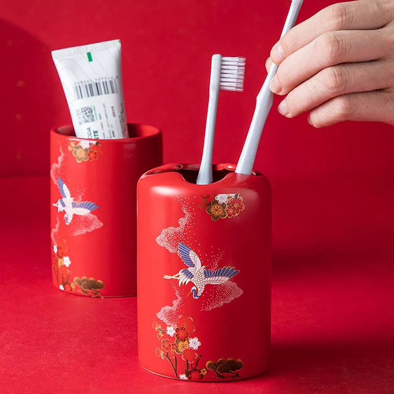 Elegant Crane Painted Ceramic Bathroom Accessories Set - Image 5