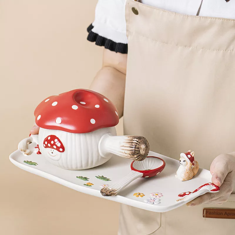 Cartoon Red Mushroom Ceramic Soup Pot & Breakfast Bowl with Handle - Image 2