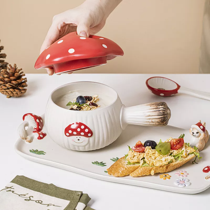 Cartoon Red Mushroom Ceramic Soup Pot & Breakfast Bowl with Handle - Image 5