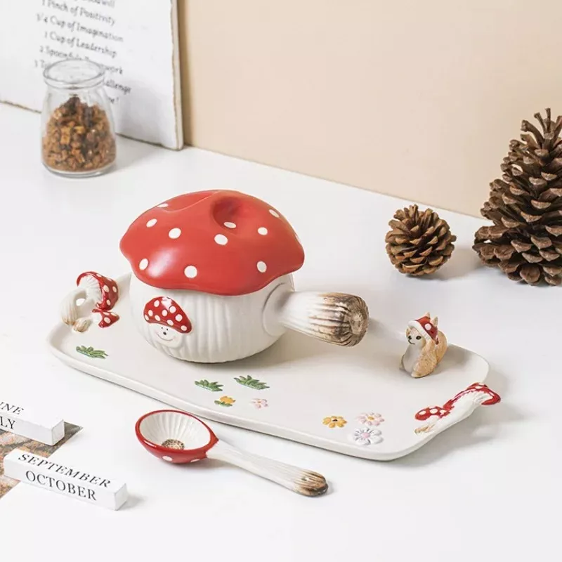 Cartoon Red Mushroom Ceramic Soup Pot & Breakfast Bowl with Handle