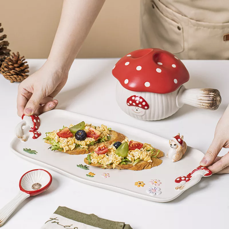 Cartoon Red Mushroom Ceramic Soup Pot & Breakfast Bowl with Handle - Image 3