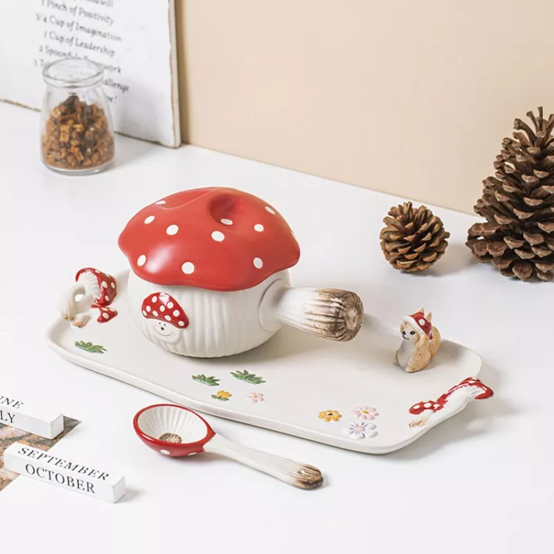 Cartoon Red Mushroom Ceramic Soup Pot & Breakfast Bowl with Handle - Image 4