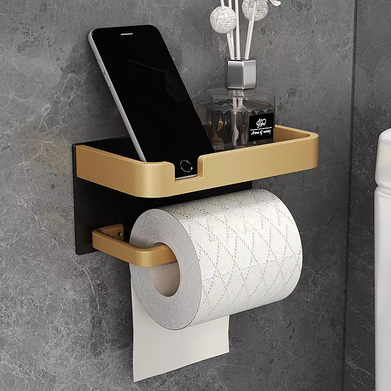 Elegant Space Aluminum Bathroom Paper Holder with Phone Shelf - Image 2