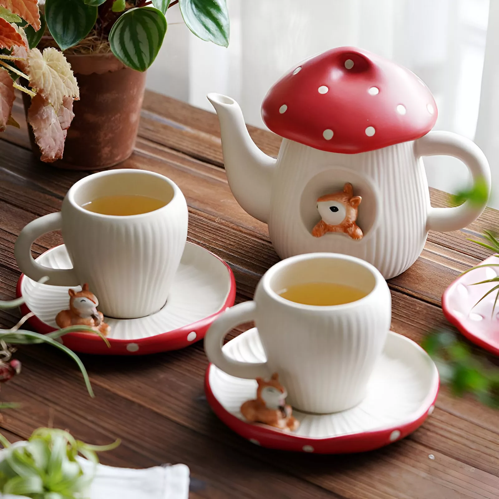 Charming Red Mushroom Coffee Cup with Saucer - Whimsical Tea Set - Image 3