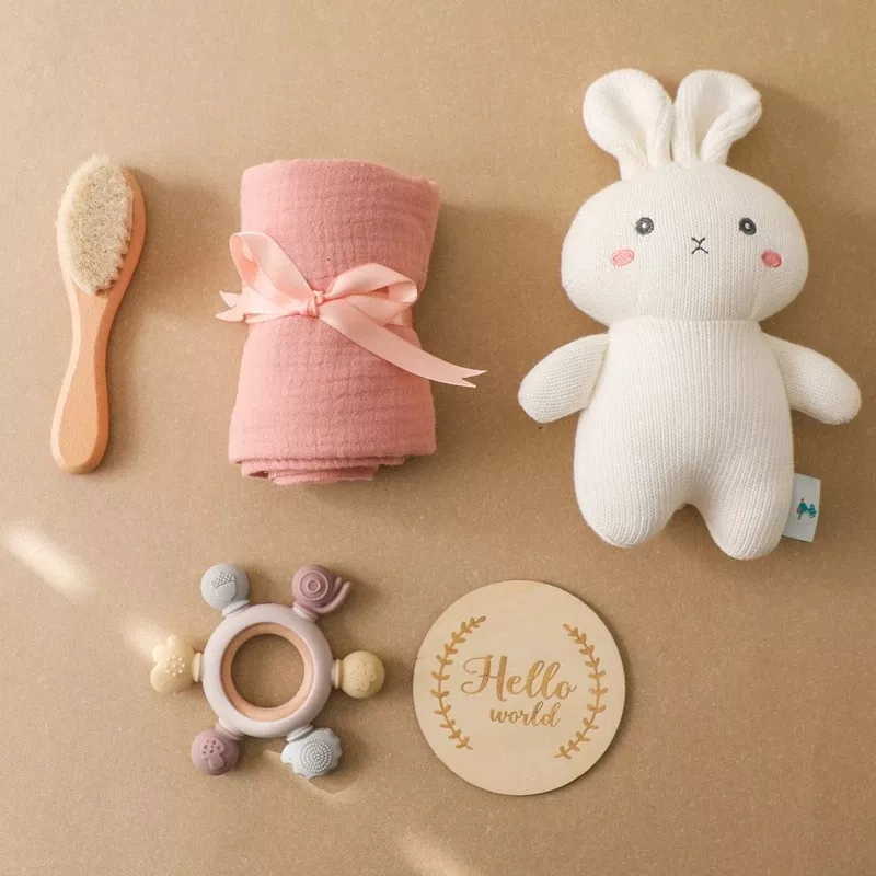 Baby Muslin Cotton Bath Towel Set with Pink Bunny Security Blanket - Image 4