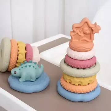 7-Piece Montessori Stacking Baby Toy Set with Dinosaur Squeeze Toy – Perfect Gift for Boys and Girls