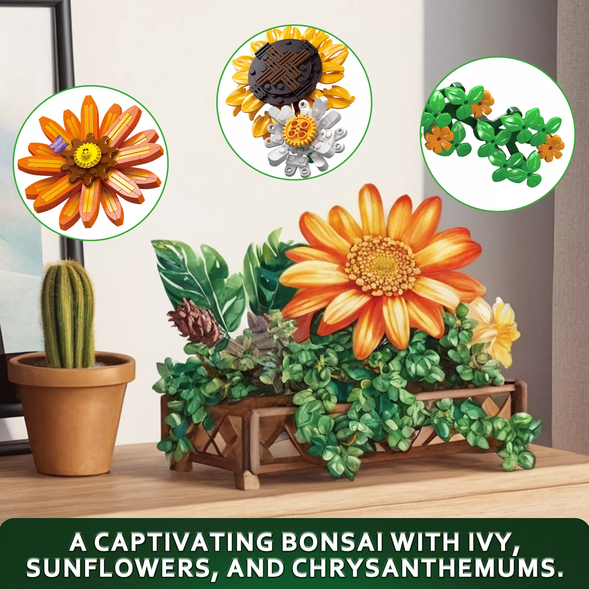 Flower Botanical Bonsai Building Set - 924 Pieces, Sunflower & Chrysanthemum - Image 2