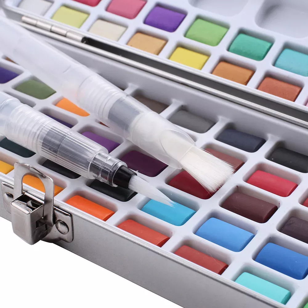 72-Color Watercolor Paint Set with Metallic & Fluorescent Shades, Iron Box with Water Brush - Image 3