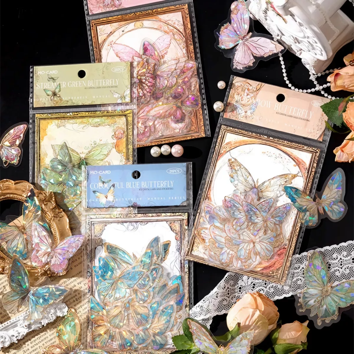 Aesthetic Butterfly PET Stickers - 20 Pcs Crystal Laser Gold for DIY Decoration