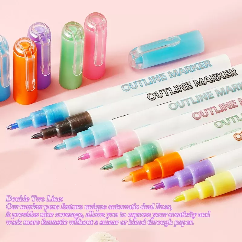 Double Line Glitter Marker Pens – 8 Colors Fluorescent Outline Set for DIY Crafts, Card Writing, and Drawing - Image 2