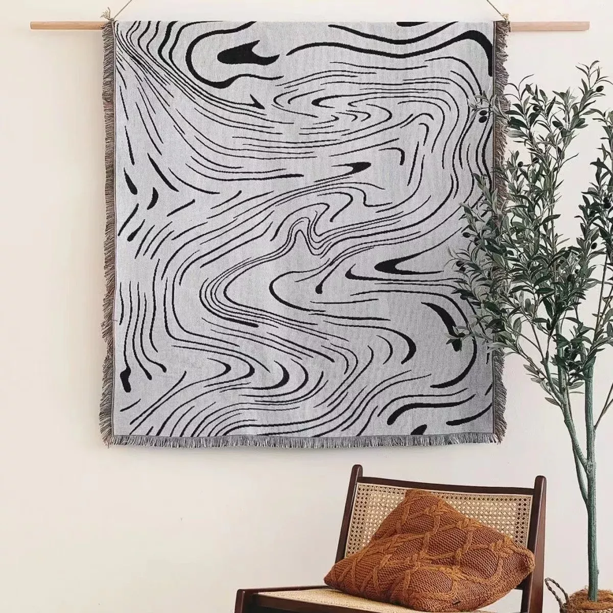 Elegant Black Water Ripple Throw Blanket – Woven Cotton Tapestry for Home & Travel - Image 2