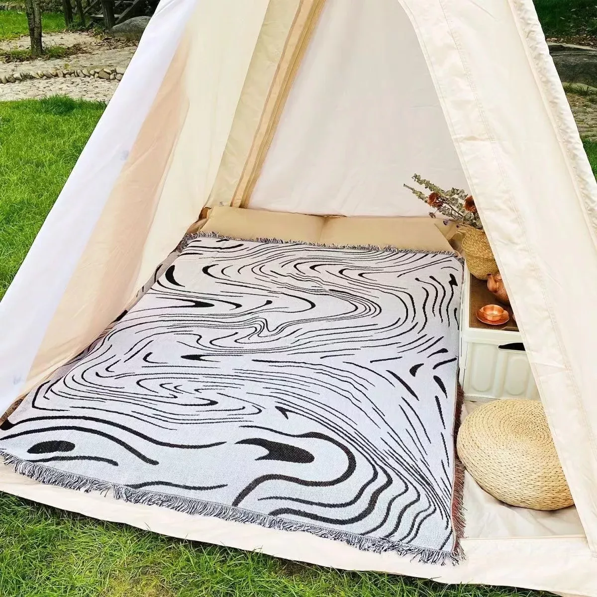 Elegant Black Water Ripple Throw Blanket – Woven Cotton Tapestry for Home & Travel - Image 3