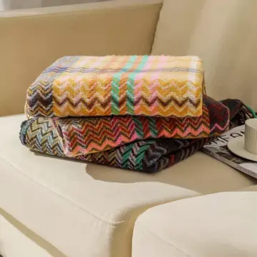 Ethnic Style Woven Sofa Blanket with Wavy Tassels - Cozy Shawl Throw Blanket for Home and Outdoor Use