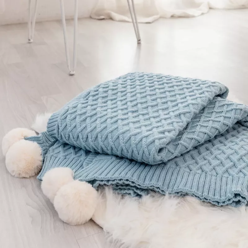 Soft Acrylic Knit Throw Blanket with PomPom Design - Image 6