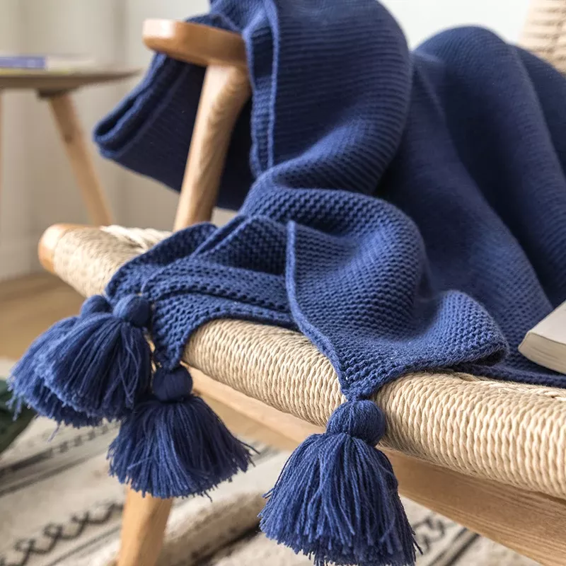 Soft Royal Blue Knit Throw Blanket with Tassels - Image 4