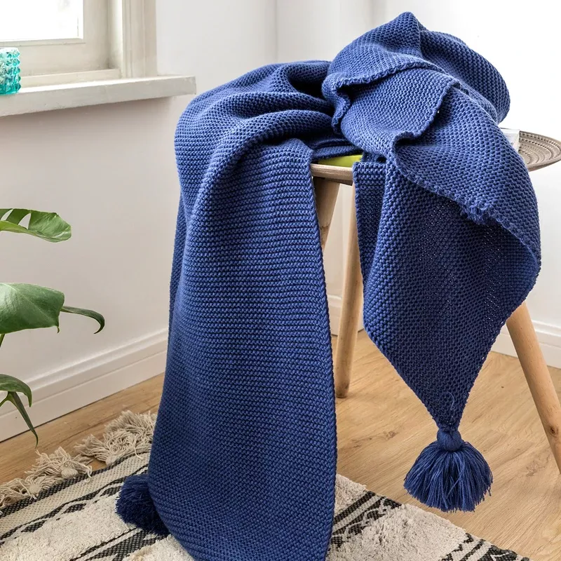 Soft Royal Blue Knit Throw Blanket with Tassels - Image 3