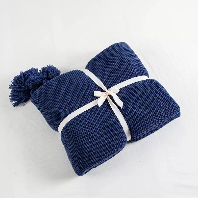 Soft Royal Blue Knit Throw Blanket with Tassels - Image 7