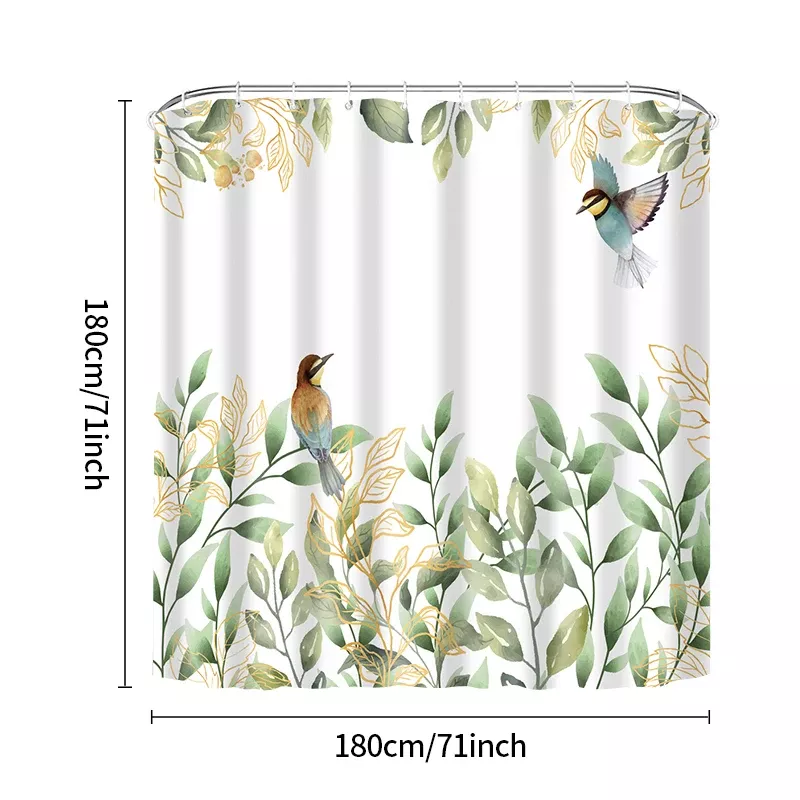 Elegant Green Leaves & Bird Pattern Shower Curtain Set - Image 6
