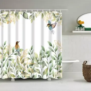 Elegant Green Leaves & Bird Pattern Shower Curtain Set