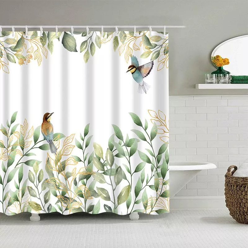 Elegant Green Leaves & Bird Pattern Shower Curtain Set