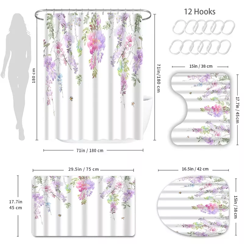 Elegant Floral Vine Shower Curtain Set with Hooks - Image 7