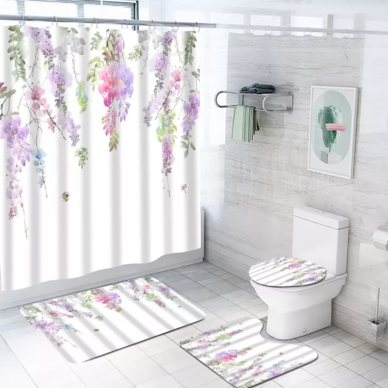 Elegant Floral Vine Shower Curtain Set with Hooks - Image 3