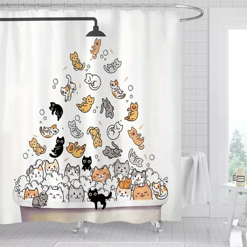 Charming Cat Print Shower Curtain Set