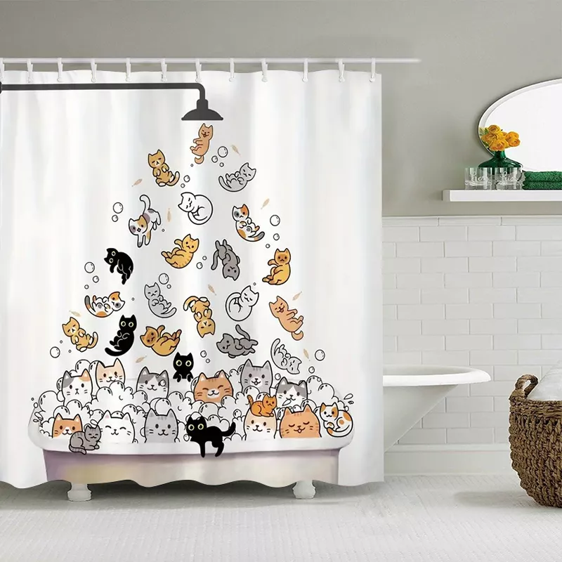 Charming Cat Print Shower Curtain Set - Image 5