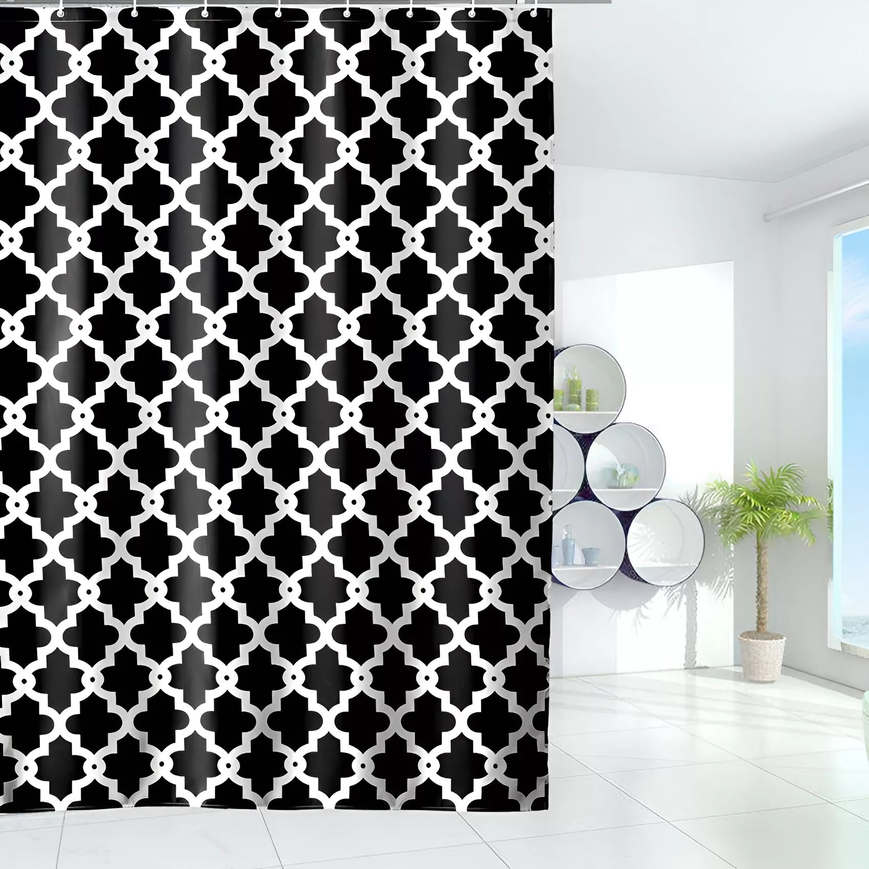 Geometric Black and White Waterproof Shower Curtain with Hooks - Image 2
