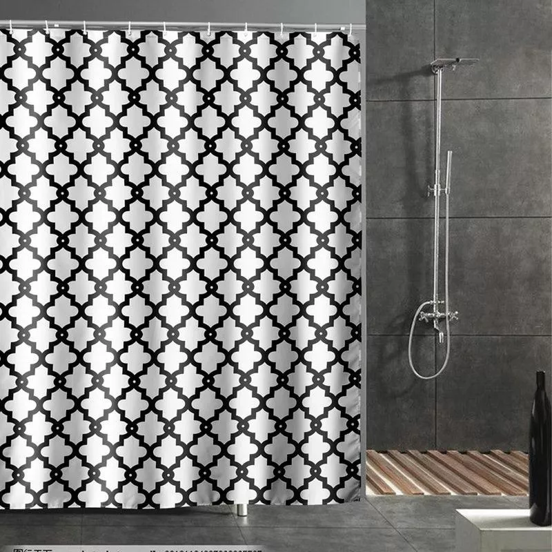 Geometric Black and White Waterproof Shower Curtain with Hooks